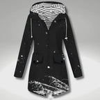 Women's hooded trench coat with long sleeves, zip front and flap pockets