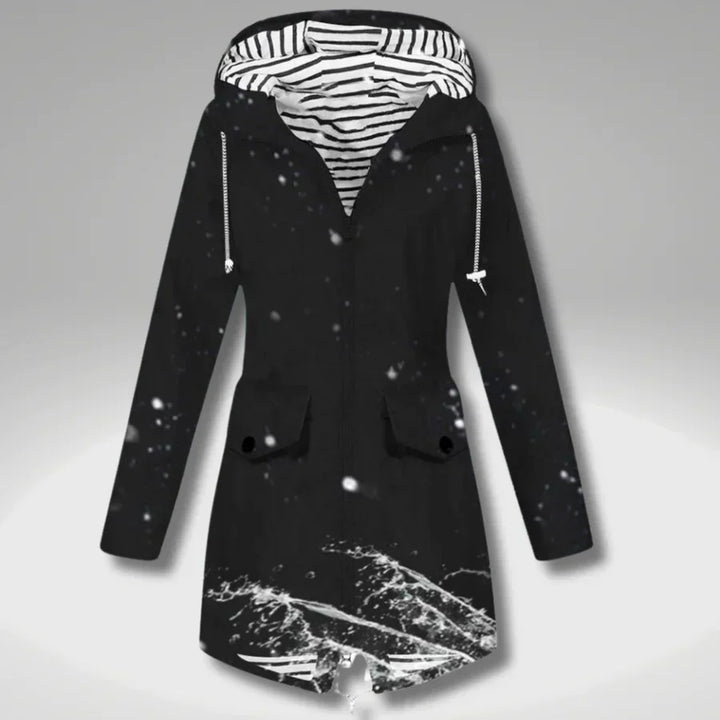Women's hooded trench coat with long sleeves, zip front and flap pockets