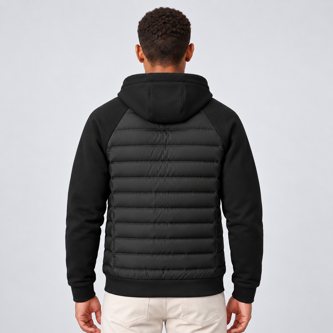 Men's hooded jacket with quilted front panels, knit sleeves and zip front