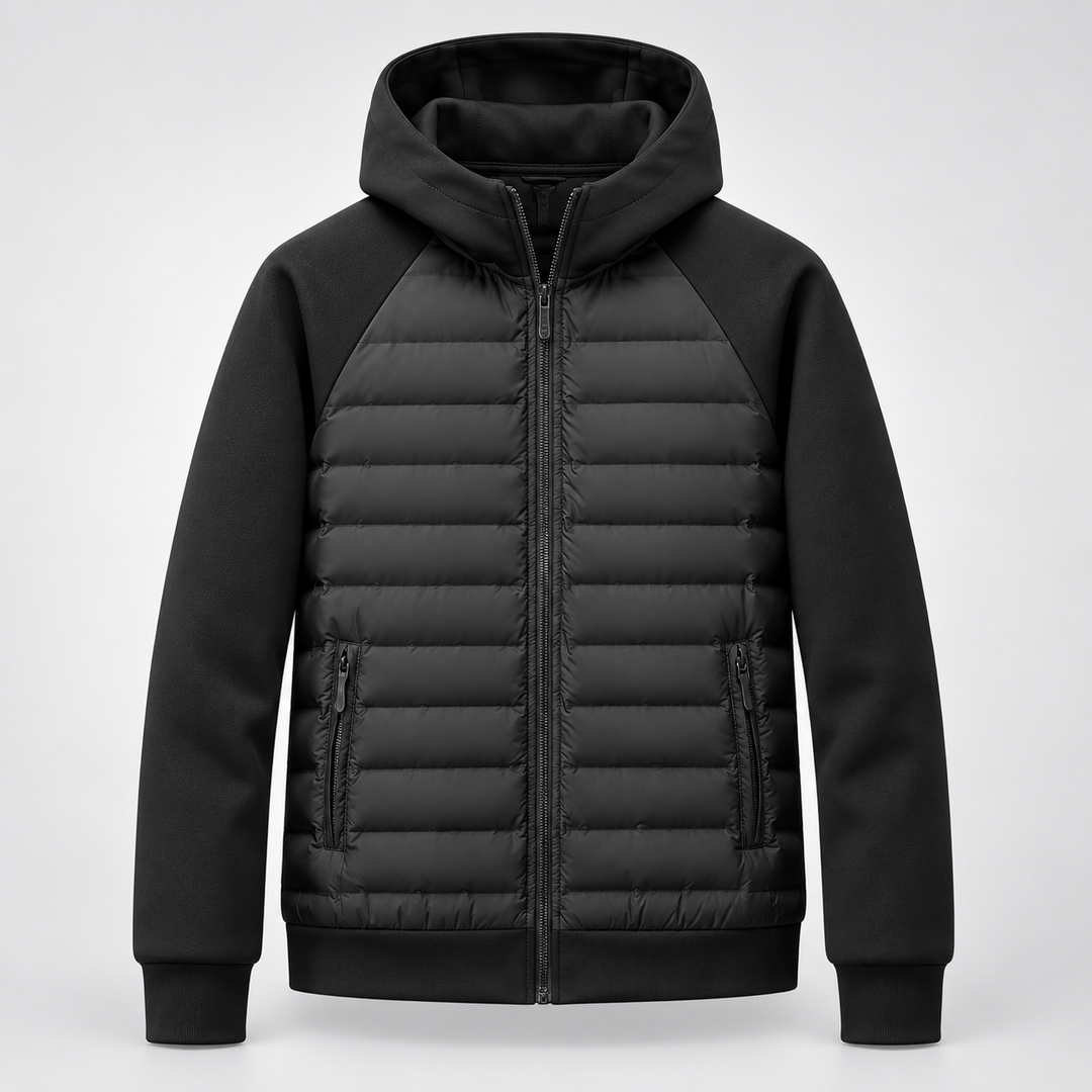 Men's black hooded jacket with quilted front panels, knit sleeves and zip front
