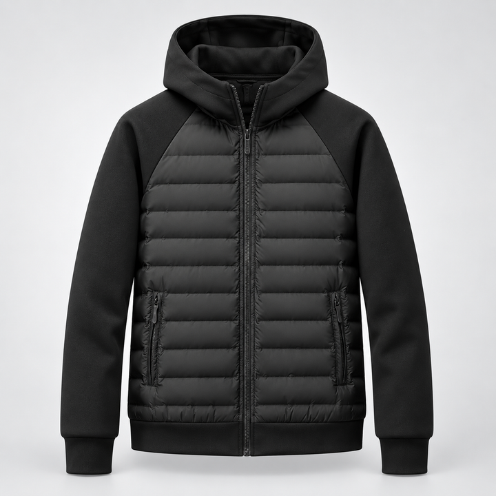 Men's black hooded jacket with quilted front panels, knit sleeves and zip front