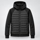 Men's black hooded jacket with quilted front panels, knit sleeves and zip front