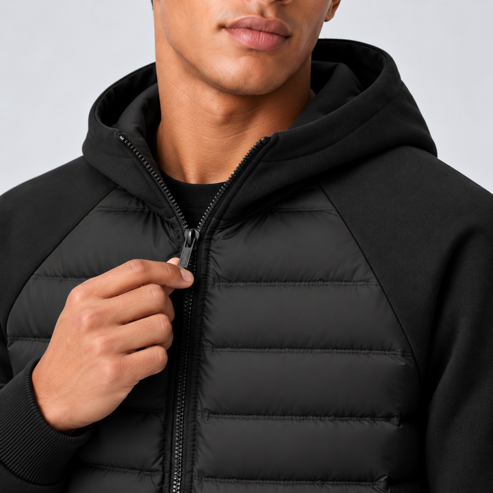 Men's hooded jacket with quilted front panels, knit sleeves and zip front