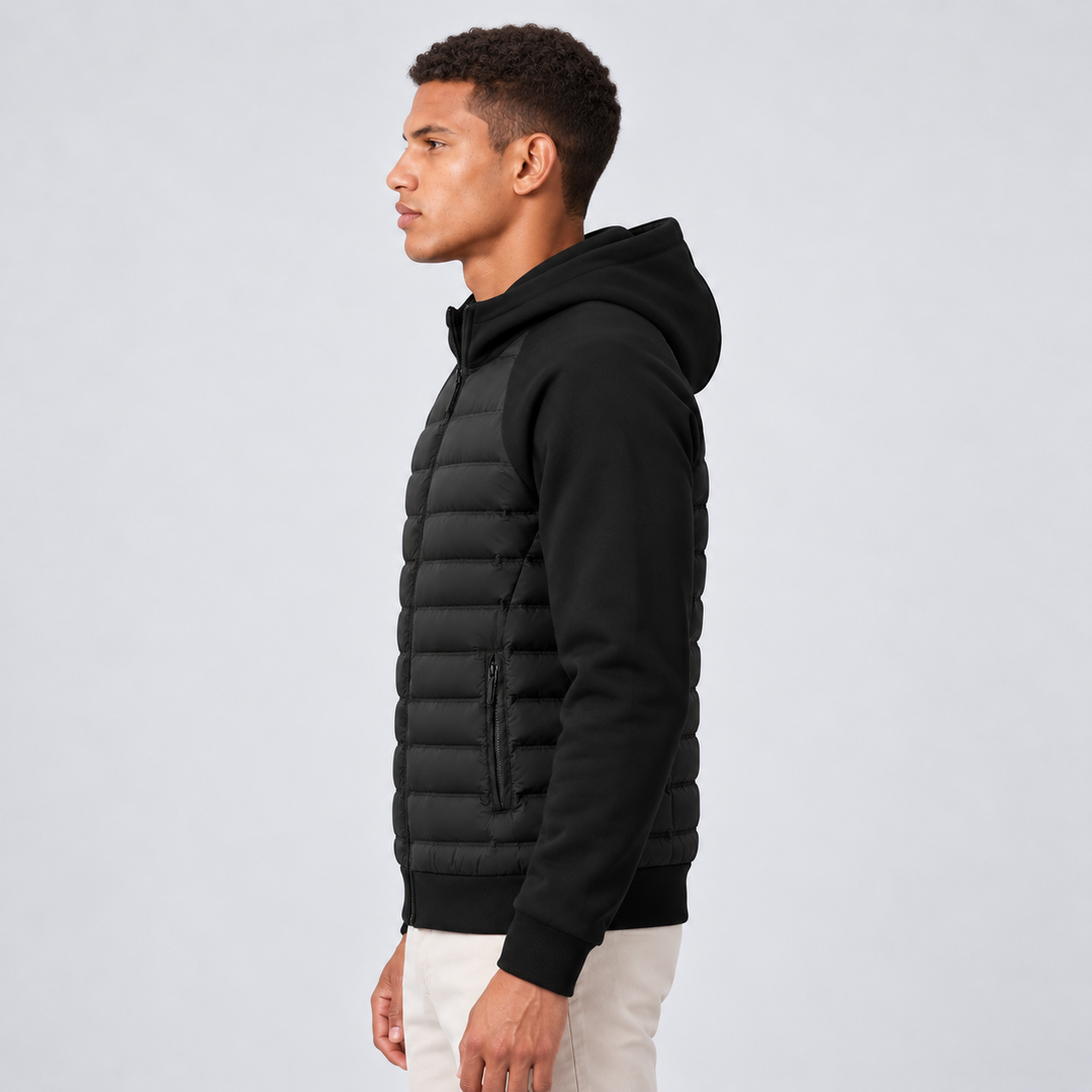 Men's hooded jacket with quilted front panels, knit sleeves and zip front