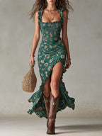 Women's floral maxi dress with ruffle straps and front slit