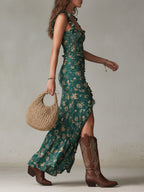 Women's floral maxi dress with ruffle straps and front slit