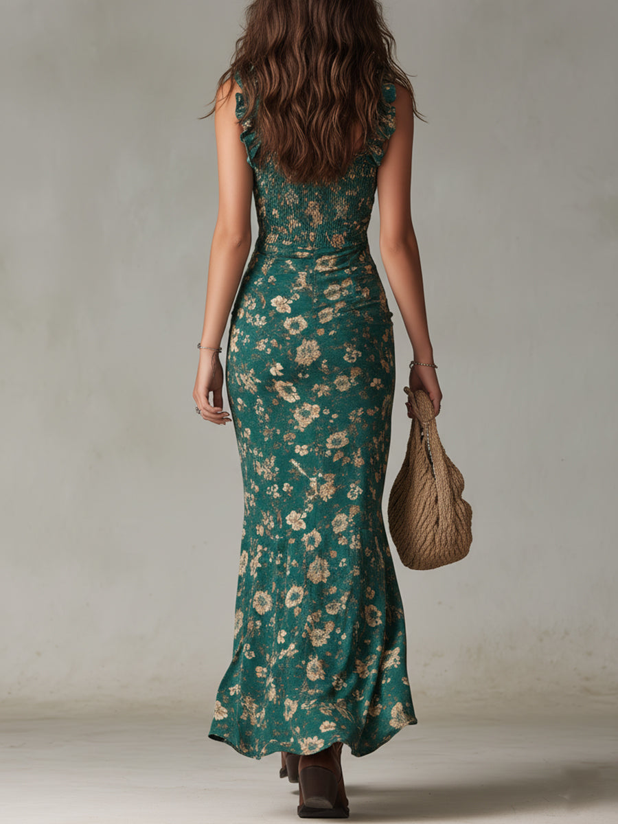 Women's floral maxi dress with ruffle straps and front slit