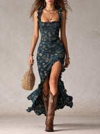Women's floral maxi dress with ruffle straps and front slit