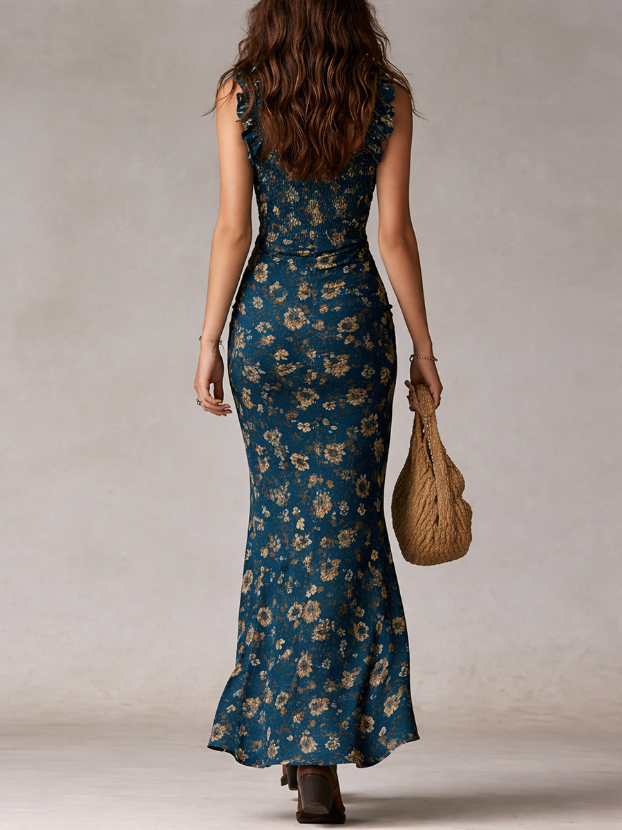Women's floral maxi dress with ruffle straps and front slit