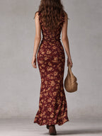 Women's floral maxi dress with ruffle straps and front slit