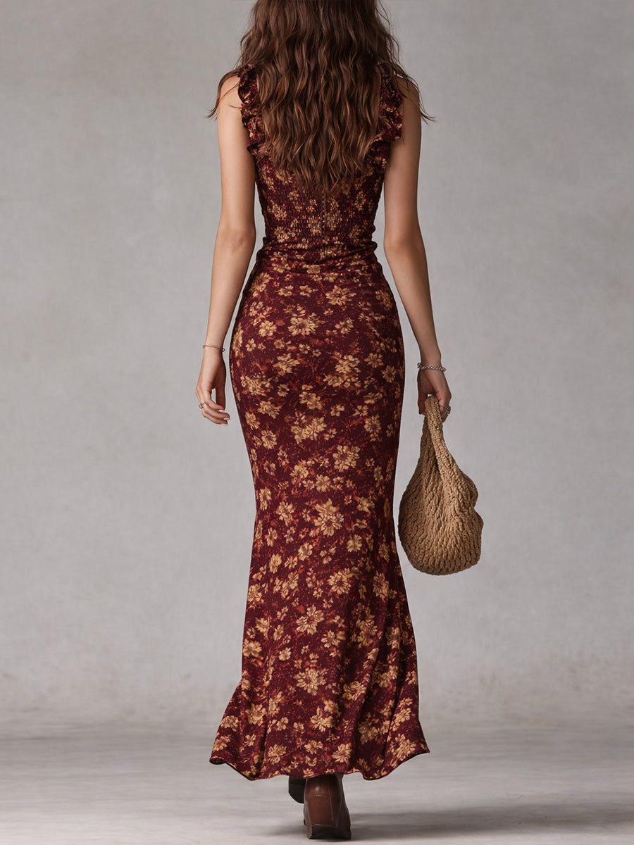 Women's floral maxi dress with ruffle straps and front slit