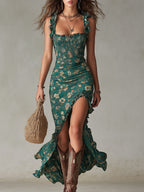 Women's floral maxi dress with ruffle straps and front slit