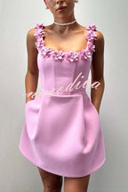 Women's square-neck mini dress with floral appliques and side pockets
