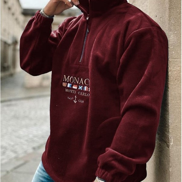 Men's quarter-zip sweater with Monaco graphic, mock neck and long sleeves
