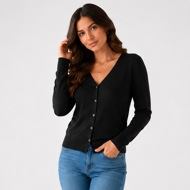 Women's long-sleeve V-neck button-front cardigan with ribbed trims