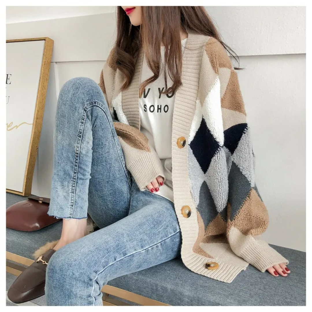 Women's geometric knit cardigan with buttons and long sleeves