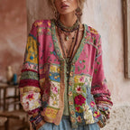 Women's pink floral patchwork cardigan with hood and buttons