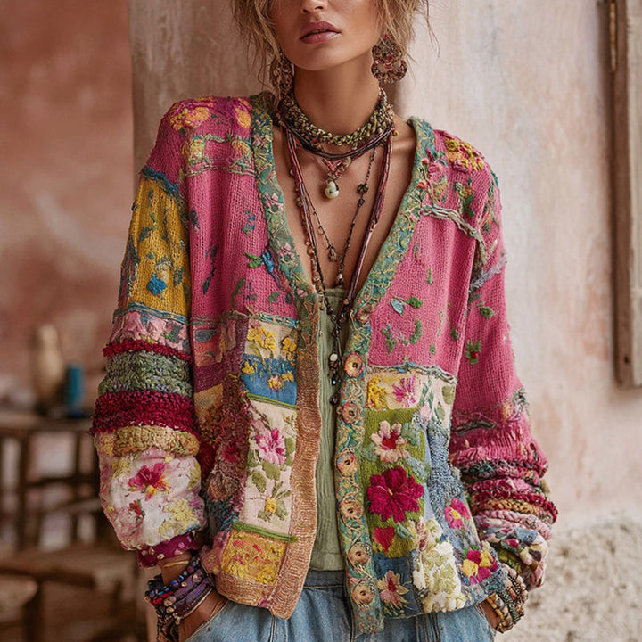 Women's pink floral patchwork cardigan with hood and buttons