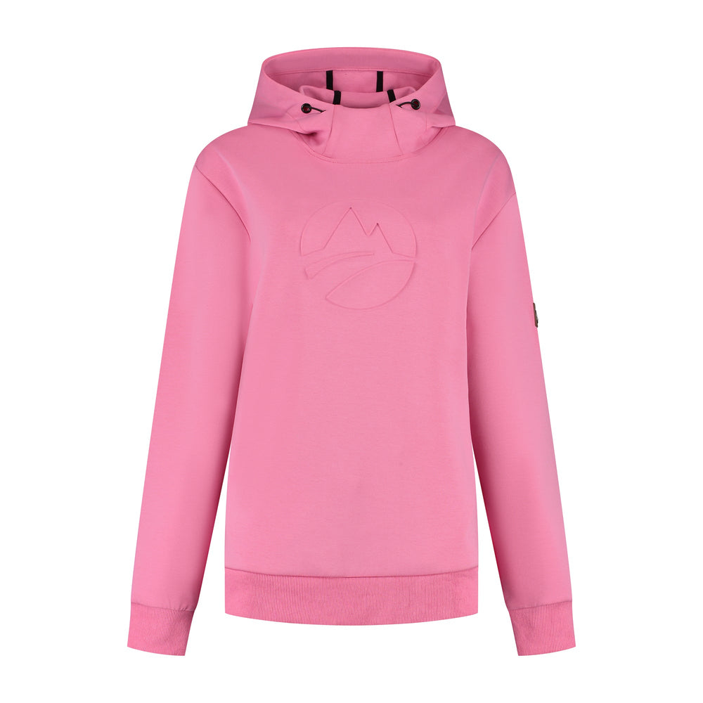 Women's pink hooded sweatshirt with long sleeves and ribbed trims