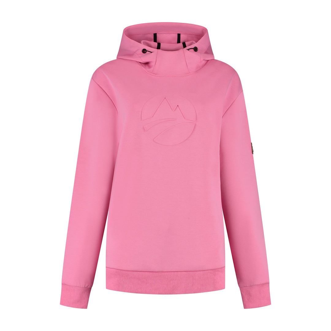 Women's pink hooded sweatshirt with long sleeves and ribbed trims