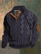 Men's patterned cable knit sweater with button collar