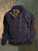 Men's patterned cable knit sweater with button collar