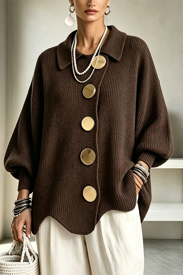 Women's oversized ribbed cardigan with collared neckline, balloon sleeves and large front buttons