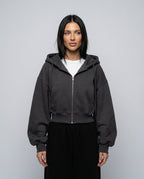 Women's cropped hooded zip-up hoodie with long sleeves and front pockets