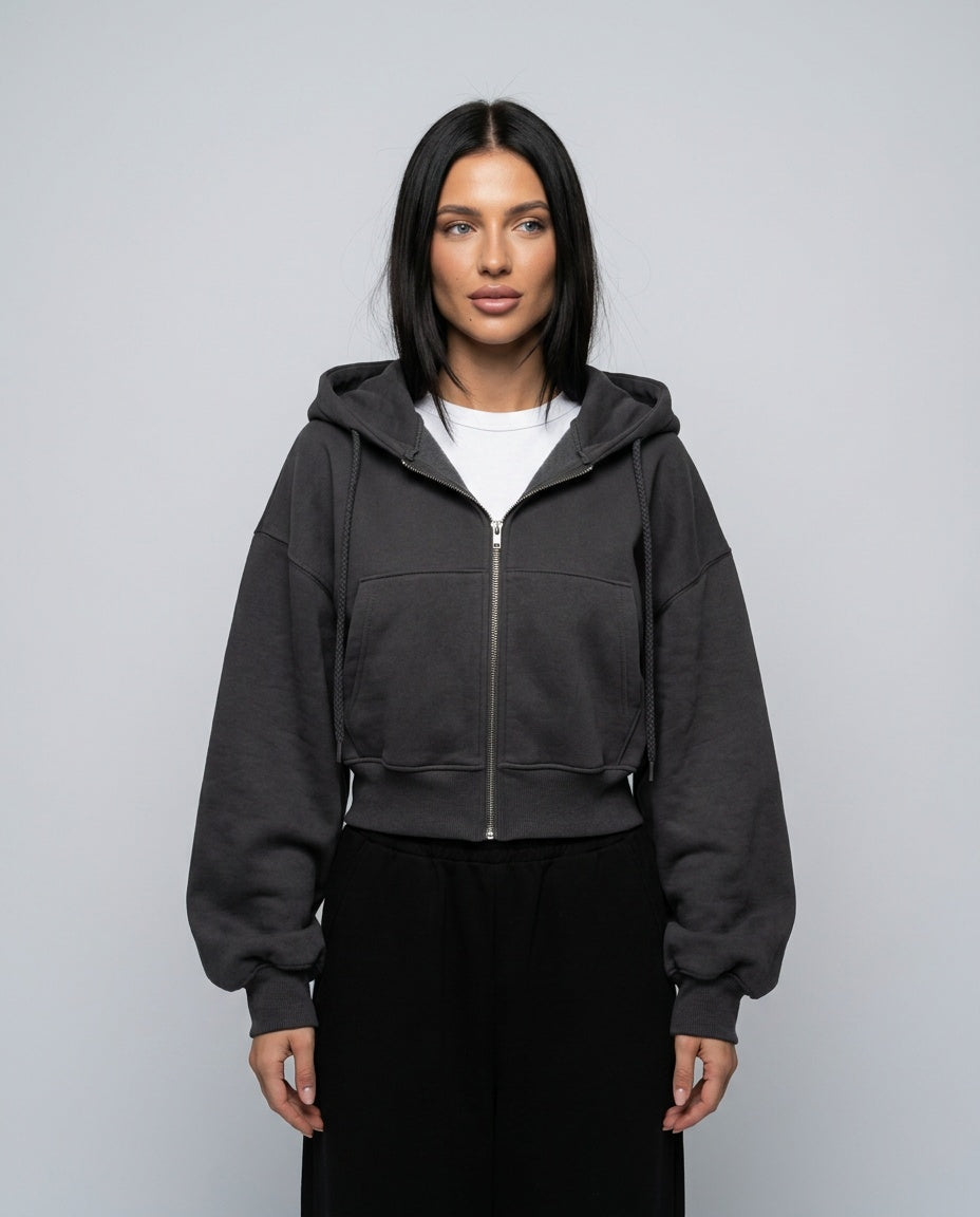 Women's cropped hooded zip-up hoodie with long sleeves and front pockets