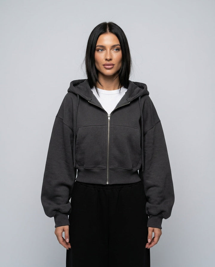 Women's cropped hooded zip-up hoodie with long sleeves and front pockets