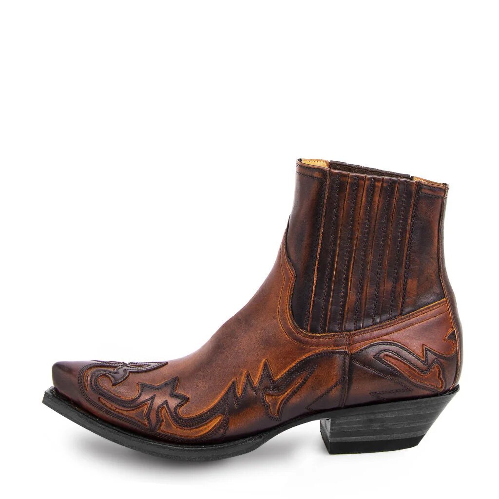 Women's pointed-toe cowboy ankle boots with stitched western detailing and low block heels