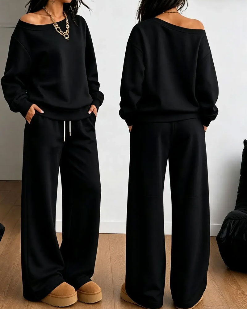 Women's one-shoulder sweatshirt and wide-leg trouser set