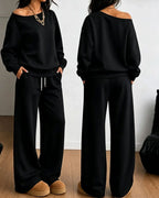Women's one-shoulder sweatshirt and wide-leg trouser set