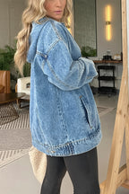 Women's blue washed denim longline pullover hoodie