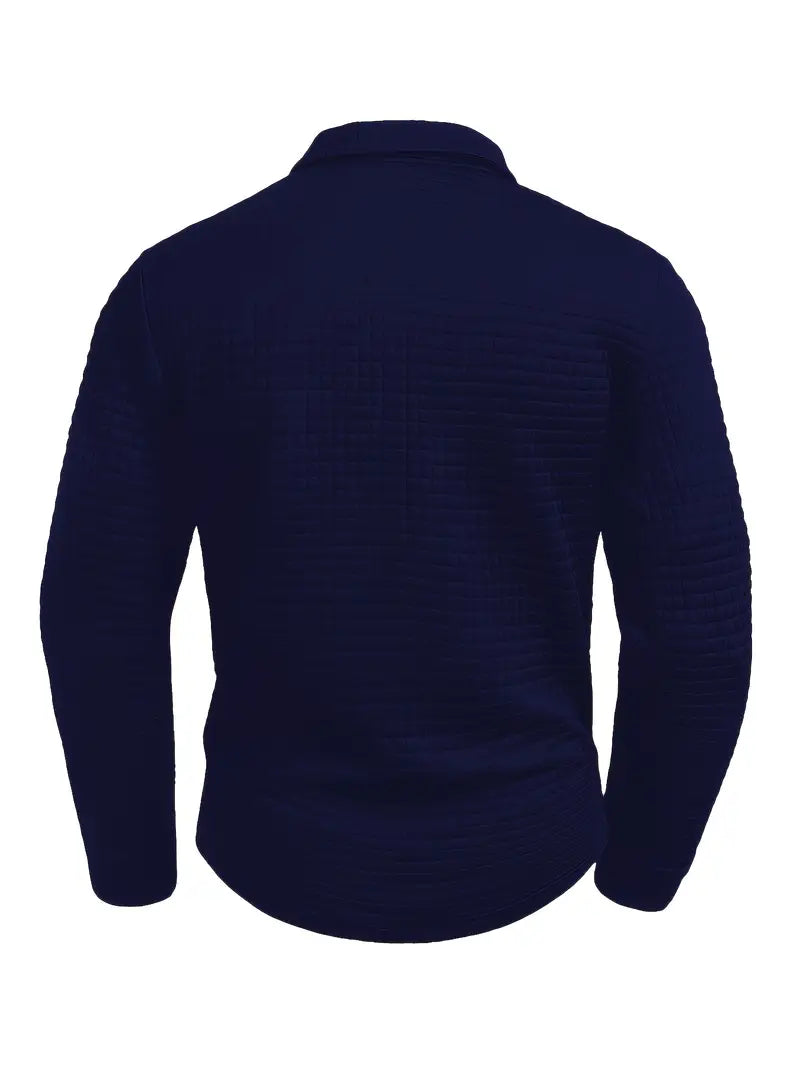 Men's long-sleeve textured quilted polo sweater with button placket and sleeve zip pocket