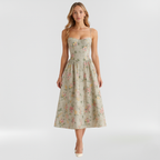 Women's floral corset midi dress with sweetheart neckline and spaghetti straps