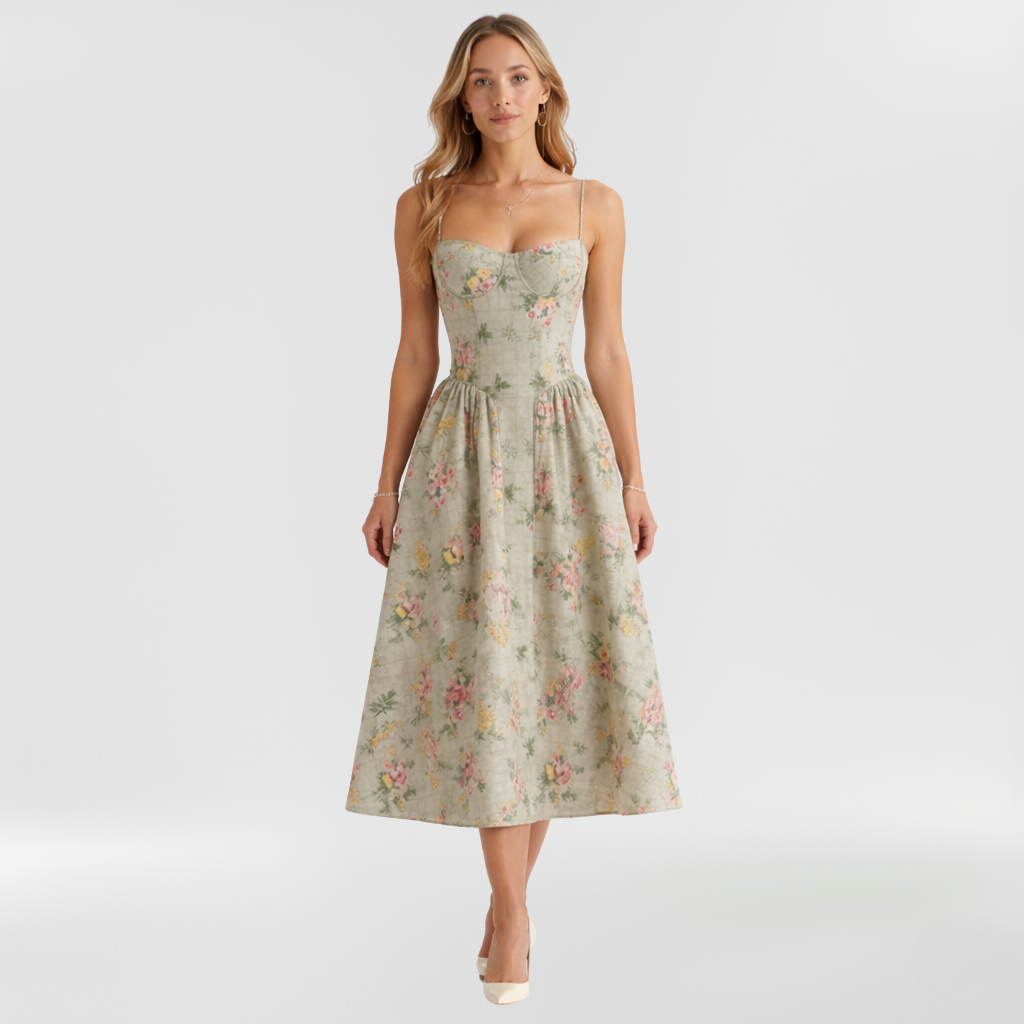 Women's floral corset midi dress with sweetheart neckline and spaghetti straps