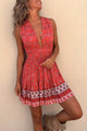 Red floral sleeveless mini dress with V-neck and border hem