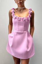 Women's square-neck mini dress with floral appliques and side pockets