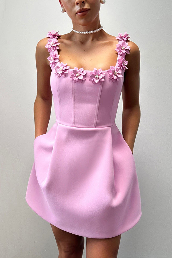 Women's square-neck mini dress with floral appliques and side pockets