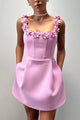 Women's square-neck mini dress with floral appliques and side pockets