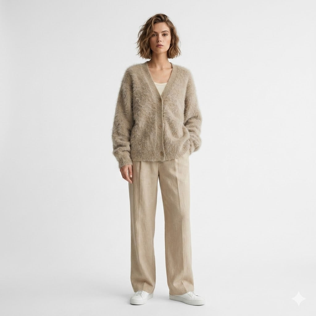 Women's fluffy V-neck button-front cardigan with long sleeves and patch pockets