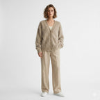 Women's fluffy V-neck button-front cardigan with long sleeves and patch pockets
