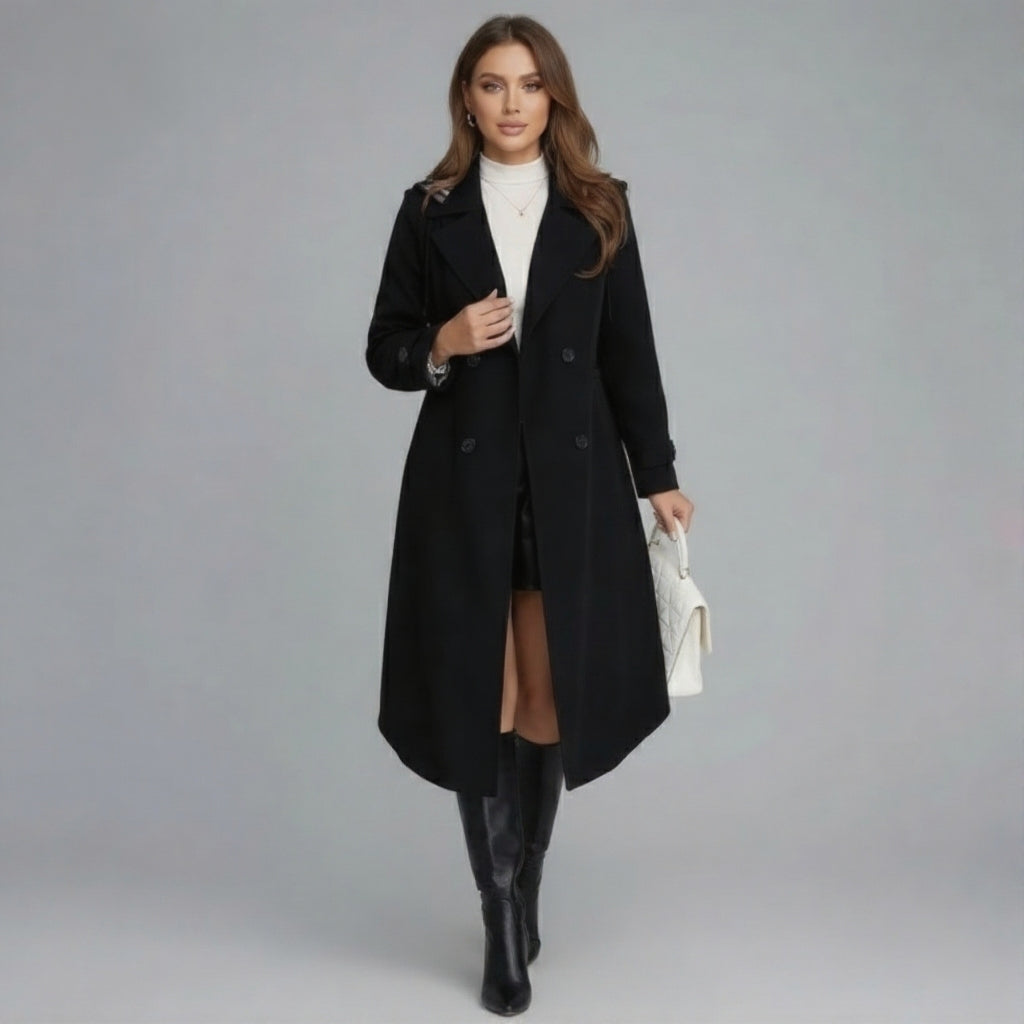 Women's long double-breasted trench coat with notched lapels and long sleeves