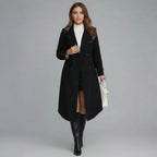 Women's long double-breasted trench coat with notched lapels and long sleeves