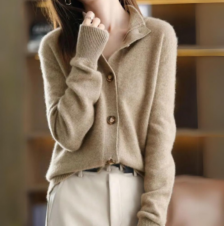 Women's long-sleeve button front cardigan with shawl collar and ribbed trims