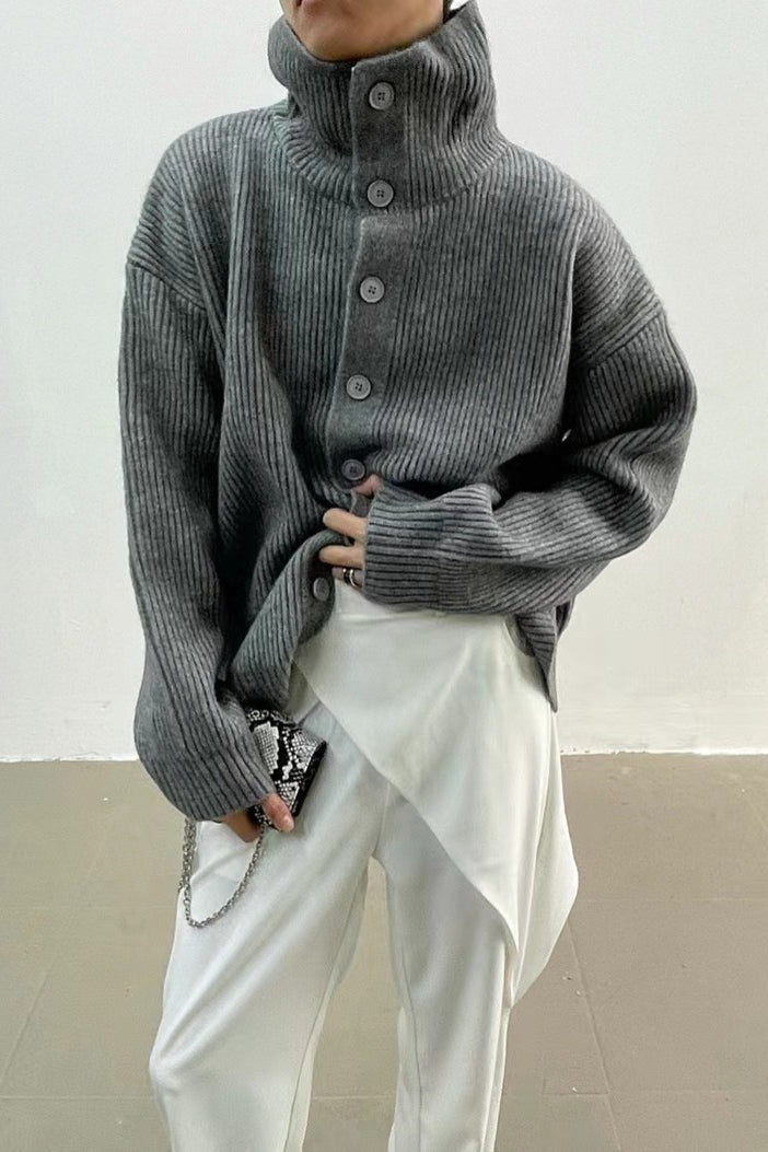 Women's ribbed button-front cardigan with mock neck and long sleeves