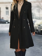 Women's double-breasted mid-length trench coat with notched collar and flap pockets