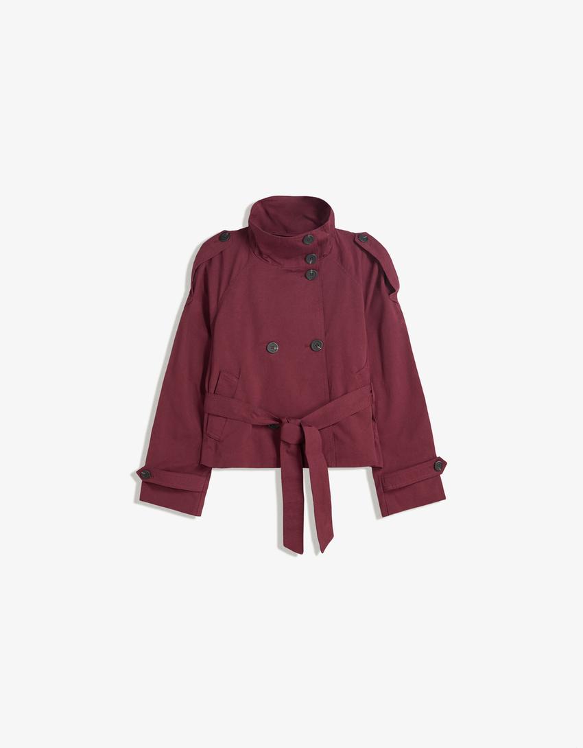 Women's belted trench jacket with high collar, long sleeves and front buttons