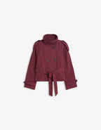 Women's belted trench jacket with high collar, long sleeves and front buttons